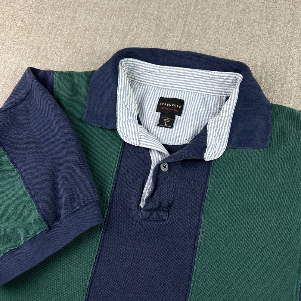 Structure Polo Shirt Mens Large Green Navy Blue Vintage Color Block 90s Rugby
